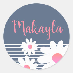 Cute Roos Pink Daisy Flowers Pastel Blue Name Ronde Sticker