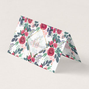 Cute Roos Pink Peonies Waterverf Paint Gold Stippe Visitekaartje