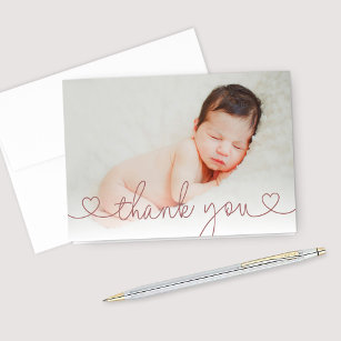Cute Roos roze hartscript Aangepast babymeisje Fot Bedankkaart
