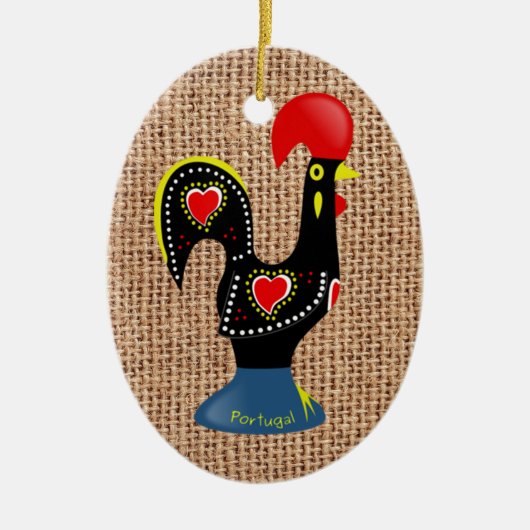 Cute Rooster Barcelos Portugal Burlap background Keramisch Ornament (Voorkant)