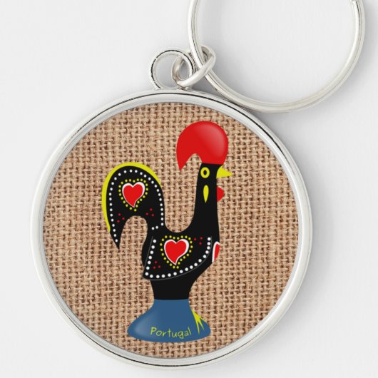 Cute Rooster Barcelos Portugal Burlap background Sleutelhanger (Voorkant)