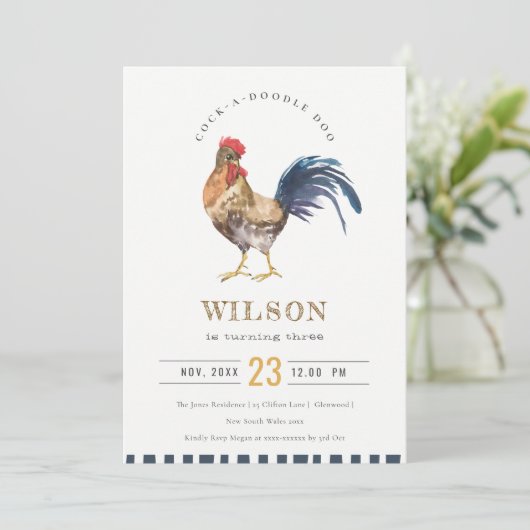 Cute Rooster Boerderij Waterverf Kinderen van Birt Bedankkaart (Staand voorkant)