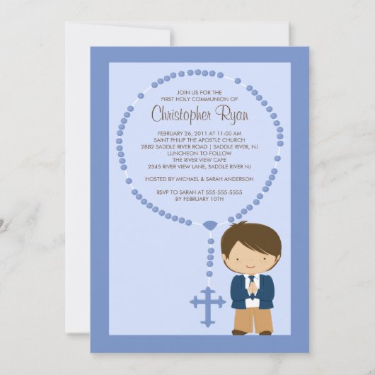 Cute Rosary First Community Invitation Boy Blue Kaart (Voorkant)