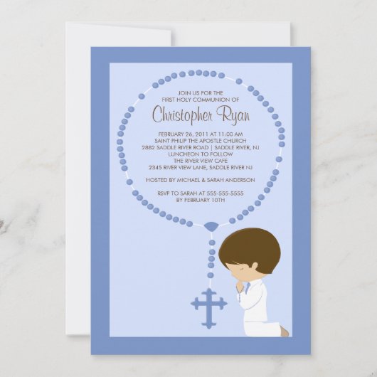 Cute Rosary First Community Invitation Boy Blue Kaart (Voorkant)