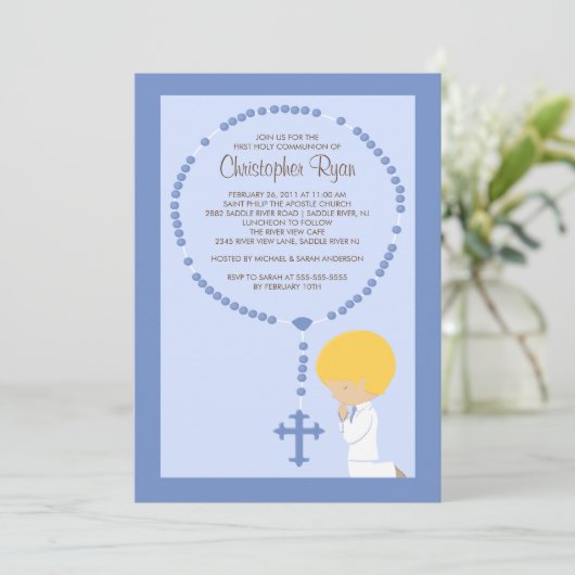 Cute Rosary First Community Invitation Boy Blue Kaart (Staand voorkant)