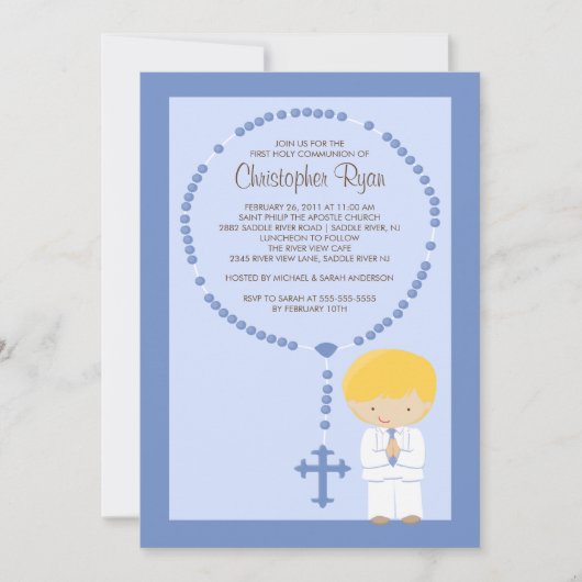 Cute Rosary First Community Invitation Boy Blue Kaart (Voorkant)