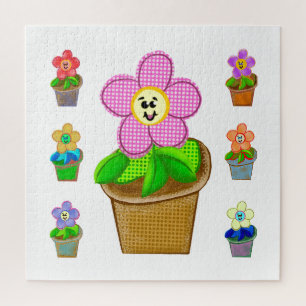 Cute Rosy Posy Potted Flowers Square Jigzaag Puzzl Legpuzzel