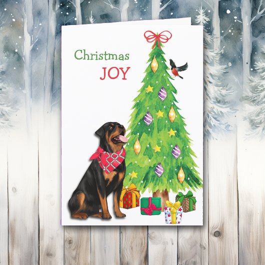 Cute Rottweiler, Bird en Kerstboom Feestdagen Kaart