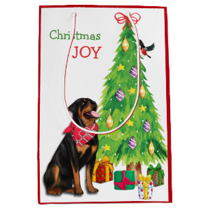 Cute Rottweiler, Bird en Kerstboom Medium Cadeauzakje