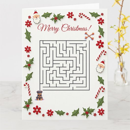 Cute Rottweiler Dog Christmas Maze Puzzle Holiday Kaart (Gele Bloem)