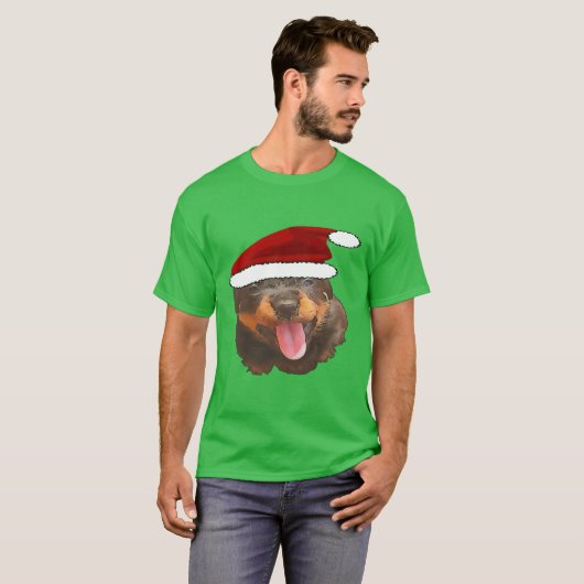 Cute Rottweiler Pup Wearing Holiday Santa Hat T-shirt (Voorkant volledig)