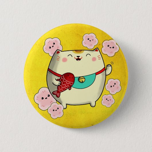 Cute Round Maneki Neko Cat Ronde Button 5,7 Cm (Voorkant)
