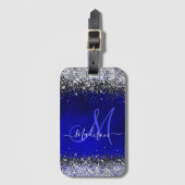 Cute royal blue faux glitter monogram bagagelabel (Voorkant (verticaal))