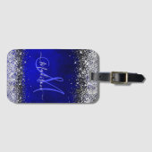 Cute royal blue faux glitter monogram bagagelabel (Voorkant (horizontaal))