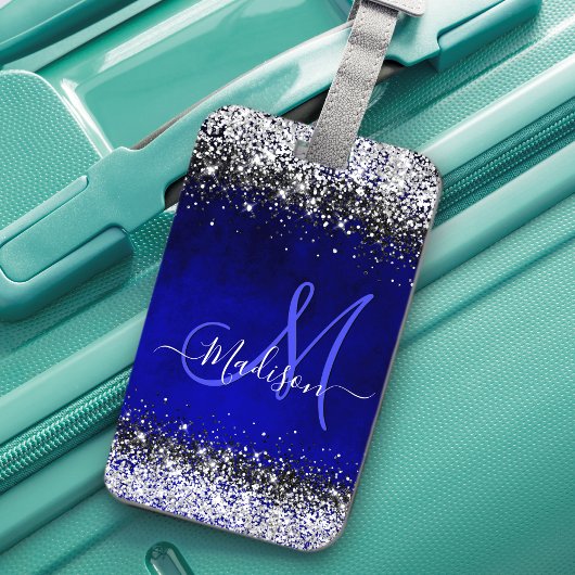 Cute royal blue faux glitter monogram bagagelabel