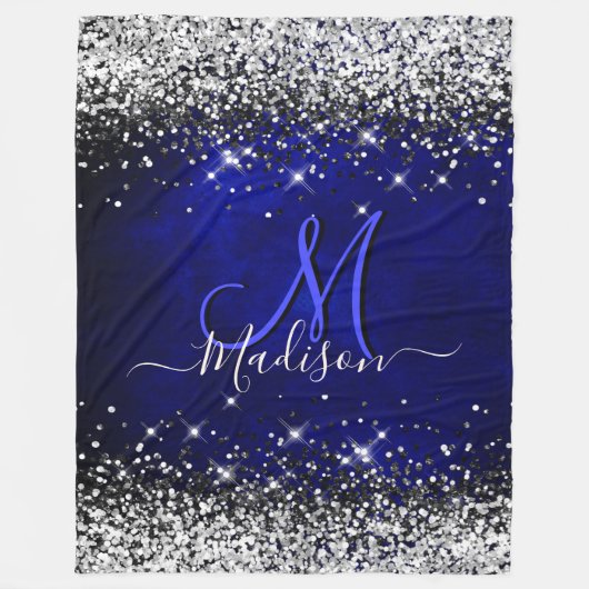 Cute royal blue faux glitter monogram fleece deken (Voorkant)