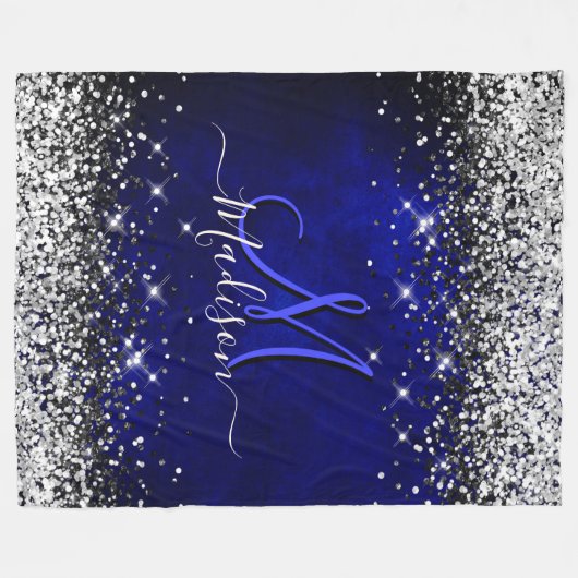 Cute royal blue faux glitter monogram fleece deken (Voorkant (Horizontaal))