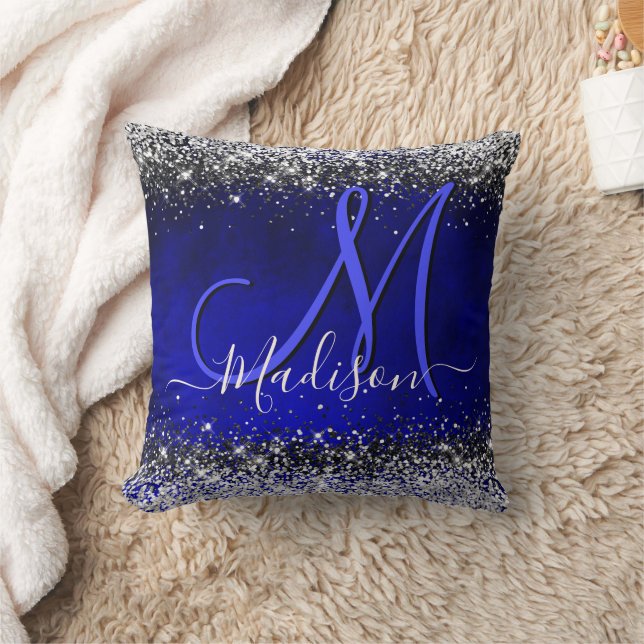 Cute royal blue faux glitter monogram kussen (Deken)