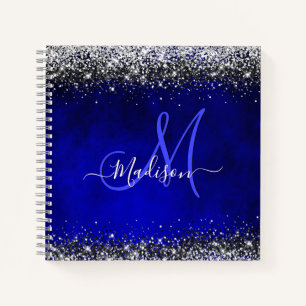 Cute royal blue faux glitter monogram notitieboek