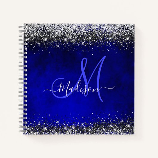 Cute royal blue faux glitter monogram notitieboek (Voorkant)