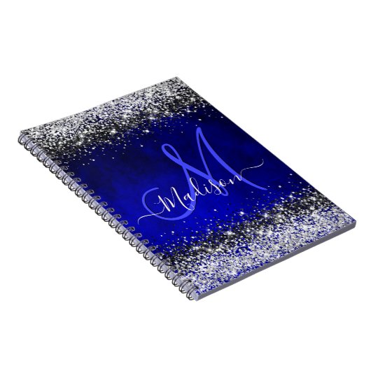 Cute royal blue faux glitter monogram notitieboek (Rechterzijde)