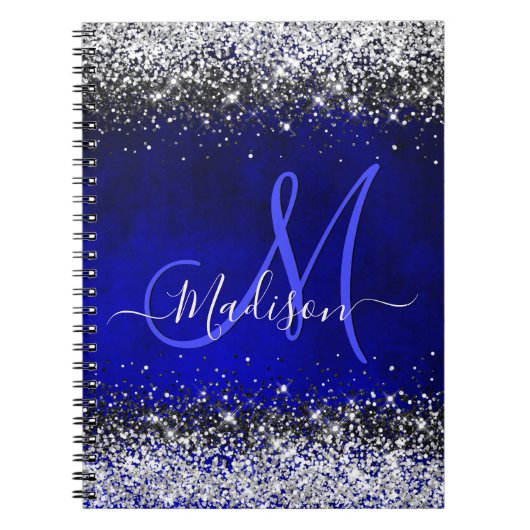 Cute royal blue faux glitter monogram notitieboek (Voorkant)
