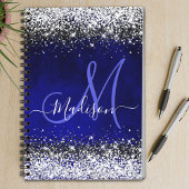 Cute royal blue faux glitter monogram notitieboek
