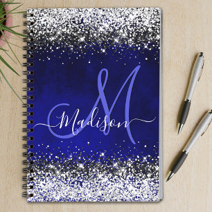 Cute royal blue faux glitter monogram notitieboek