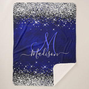 Cute royal blue faux glitter monogram sherpa deken
