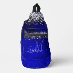 Cute royal blue faux glitter monogram sling bag