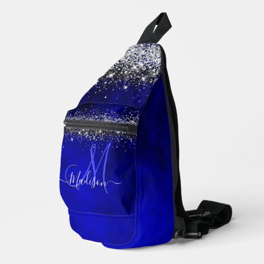 Cute royal blue faux glitter monogram sling bag (Rechterhoek)