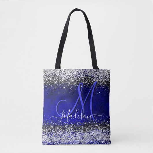 Cute royal blue faux glitter monogram tote bag (Voorkant)