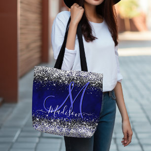 Cute royal blue faux glitter monogram tote bag