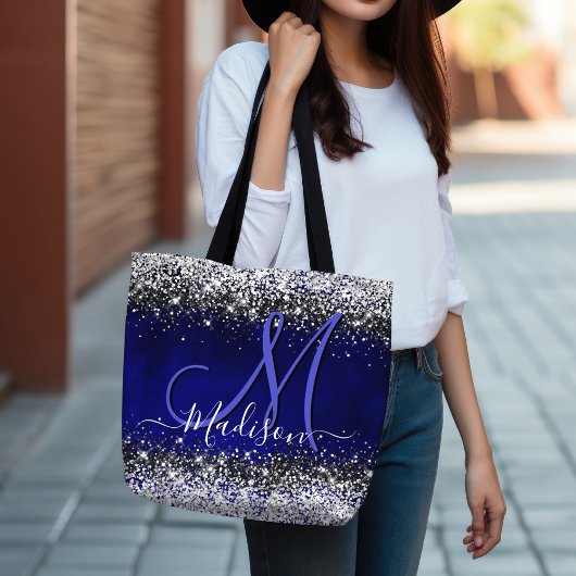 Cute royal blue faux glitter monogram tote bag
