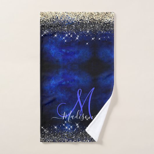 Cute royal blue gold faux glitter monogram bad handdoek (Handdoek)
