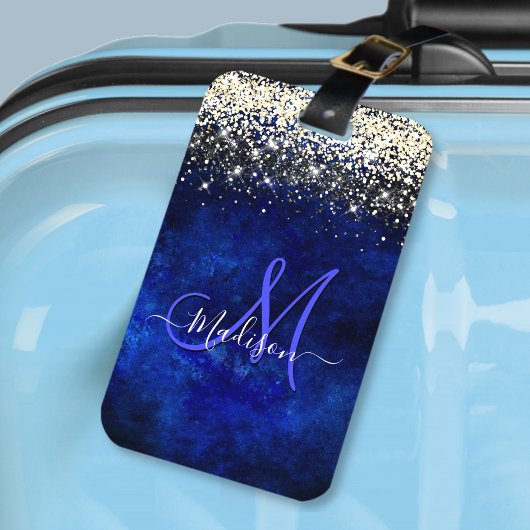 Cute royal blue gold faux glitter monogram bagagelabel
