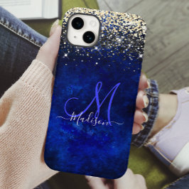Cute royal blue gold faux glitter monogram Case-Mate iPhone 14 hoesje