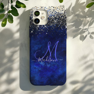 Cute royal blue gold faux glitter monogram iPhone 16 pro hoesje