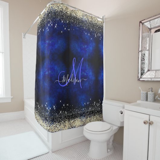 Cute royal blue gold faux glitter monogram douchegordijn (In situ)