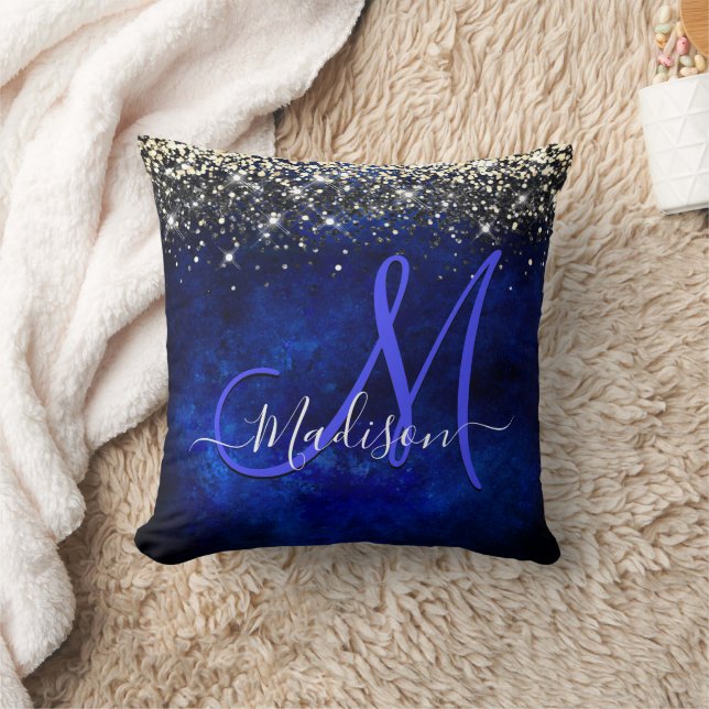 Cute royal blue gold faux glitter monogram kussen (Deken)
