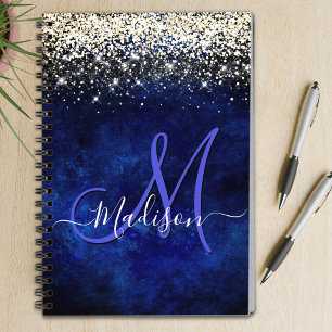 Cute royal blue gold faux glitter monogram notitieboek
