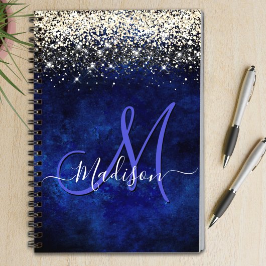 Cute royal blue gold faux glitter monogram notitieboek