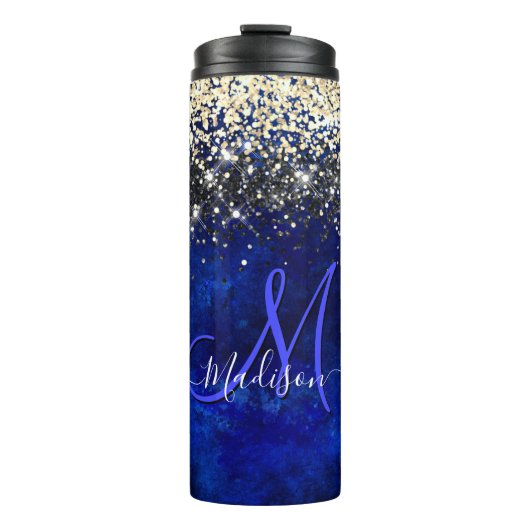Cute royal blue gold faux glitter monogram thermosbeker (Voorkant)