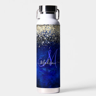 Cute royal blue gold faux glitter monogram waterfles