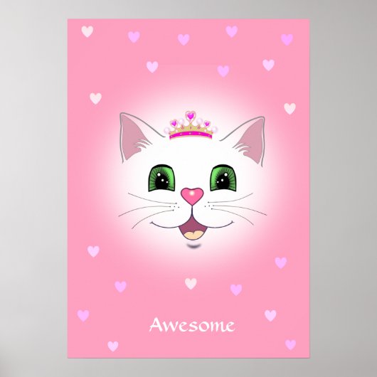 Cute royal cat face with harts on roze poster (Voorkant)