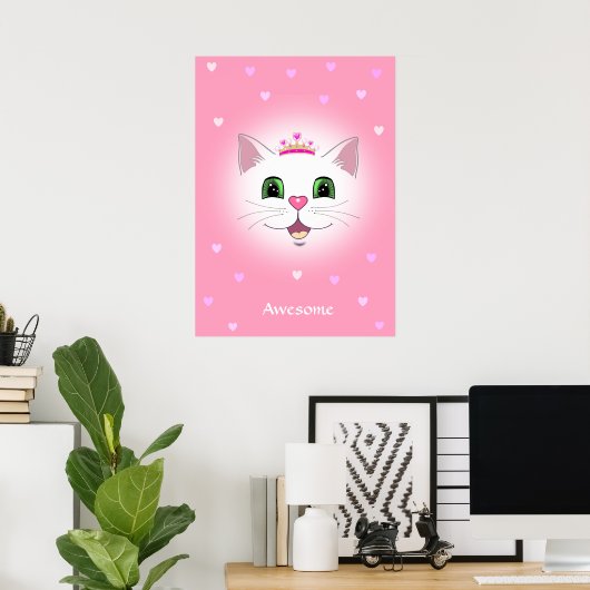 Cute royal cat face with harts on roze poster (Thuiskantoor)