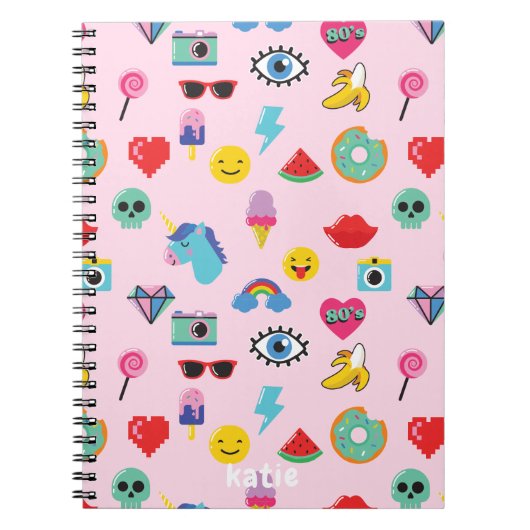 Cute Roze 80's Icons Emoji's Patroon  Notitieboek (Voorkant)