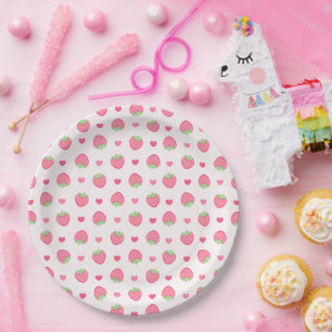 Cute Roze Aardbeien Meisje Verjaardagsfeestje Papieren Bordje