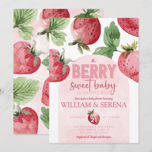 Cute roze aardbery Berry Sweet Baby shower Kaart (Voorkant / Achterkant)