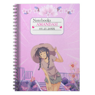 Cute-Roze Anime Meisje Bloemige Esthetische Notiti Notitieboek